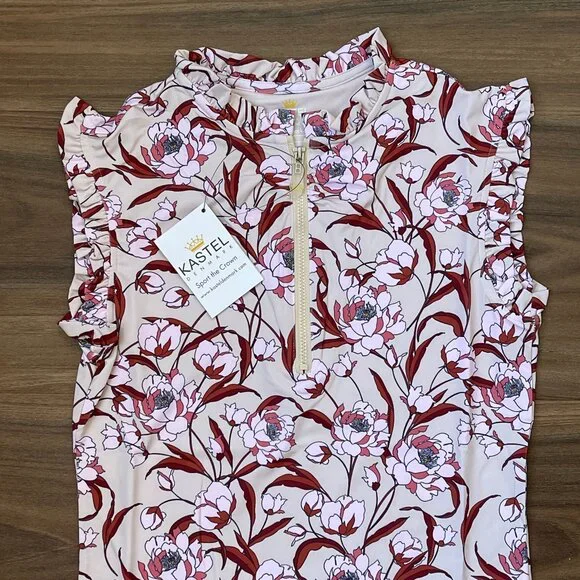 Kastel Denmark Women's Ruffle Tank - Beige Peonies 1/4 Zip - XS - Picture 2 of 4